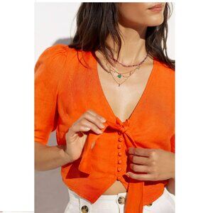 EUC Maeve by Anthropologie Orange Red Linen Tie Front Crop Top, Size 6